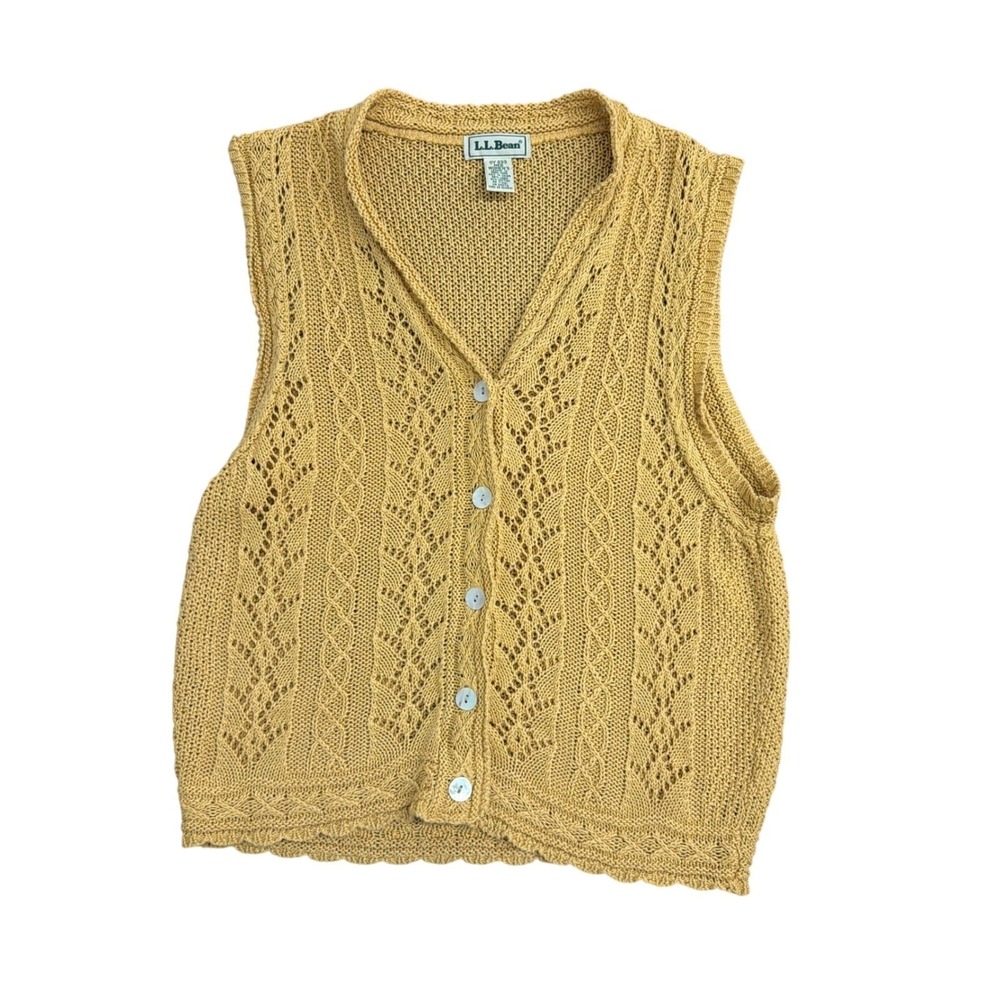 LL Bean Womens Mustard Yellow Pointelle Linen Cotton Knit Sweater Vest Medium